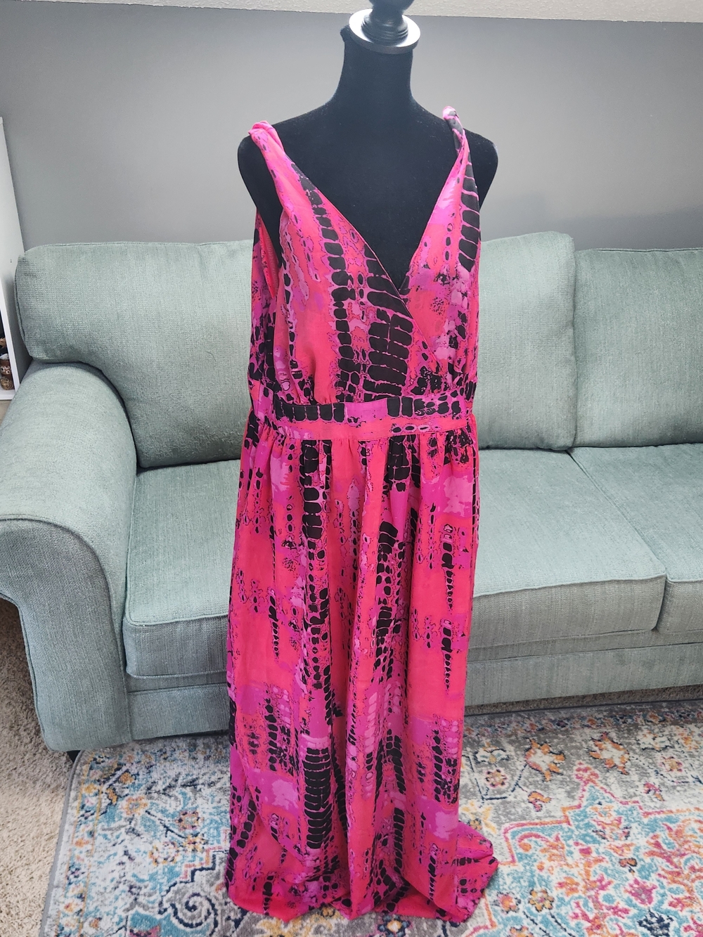 Ellen Weaver Vibrant Pink & Black Printed Maxi Dress Size 14 Boho Elegance!